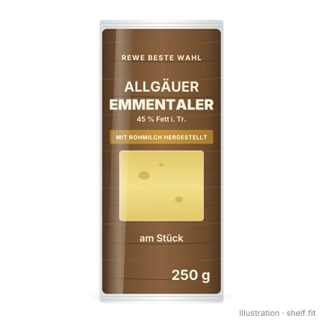 Illustration: Vakuumpackung REWE Beste Wahl Allgäuer Emmentaler am Stück, 250 g