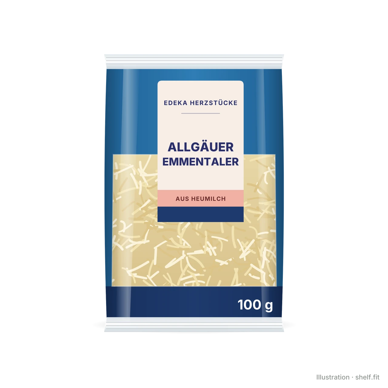 Illustration: Beutel EDEKA Herzstücke Allgäuer Emmentaler Reibekäse, 100-g-Beutel