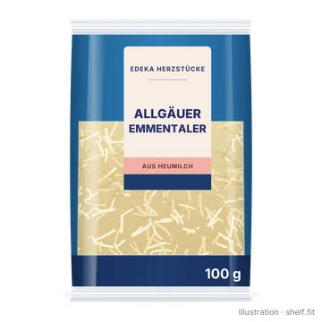 Illustration: Beutel EDEKA Herzstücke Allgäuer Emmentaler Reibekäse, 100-g-Beutel