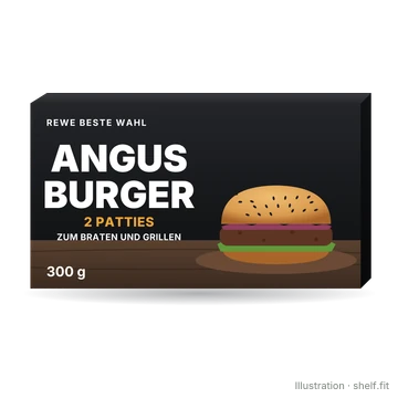 Illustration: REWE Beste Wahl Angus Burger carton, 2 patties, 300 g