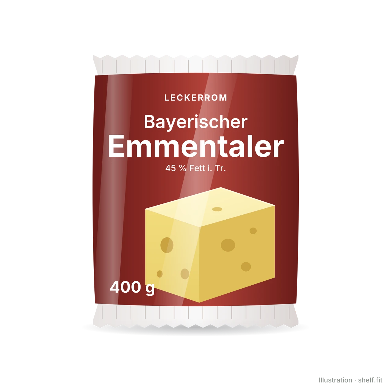 Illustration: Packung Leckerrom Bayerischer Emmentaler, 400-g-Packung