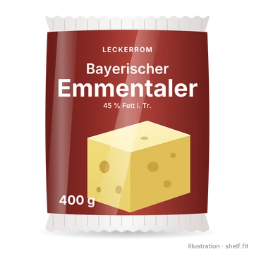 Illustration: Packung Leckerrom Bayerischer Emmentaler, 400-g-Packung