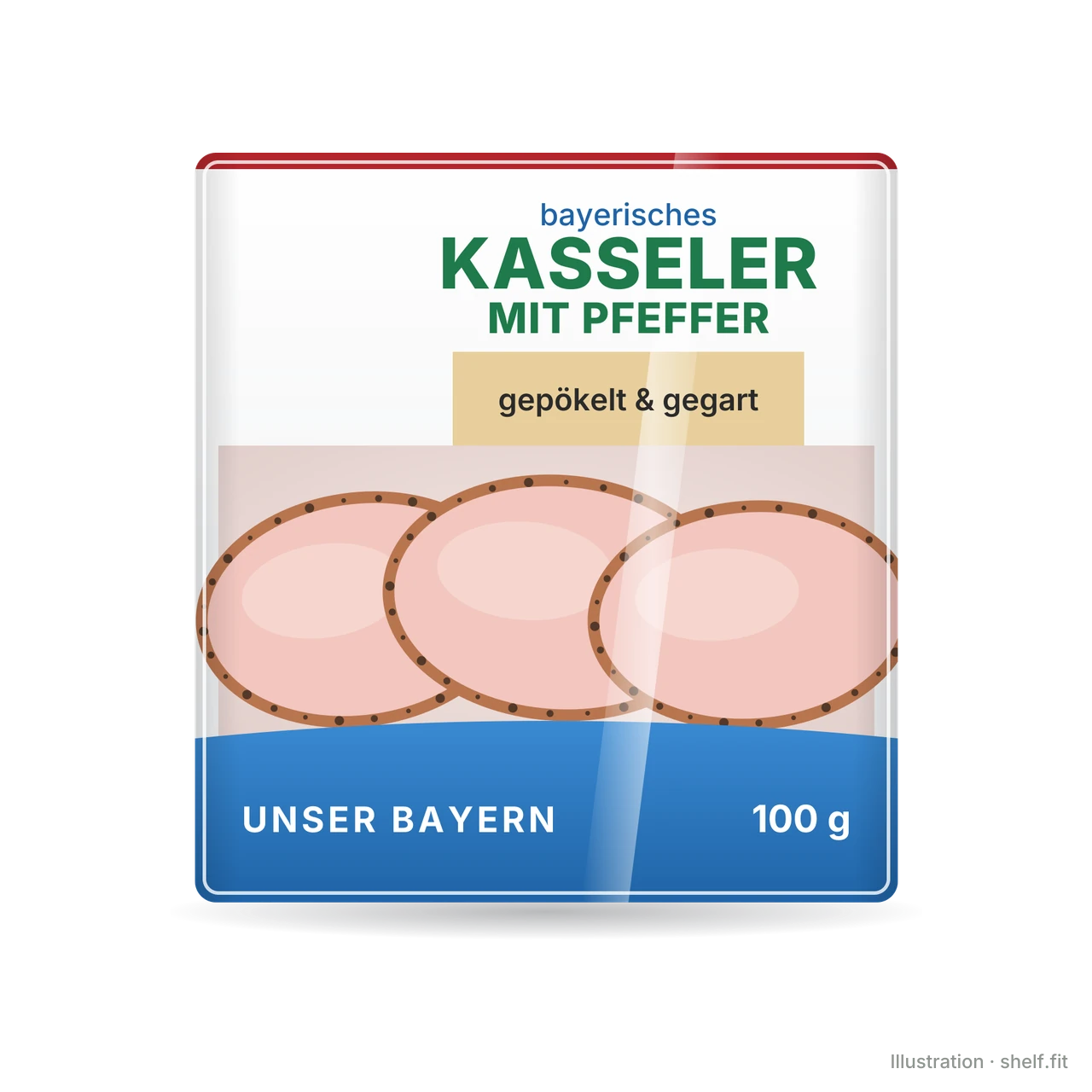Illustration: Packung Unser Bayern Bayerisches Kasseler mit Pfeffer, 100 g