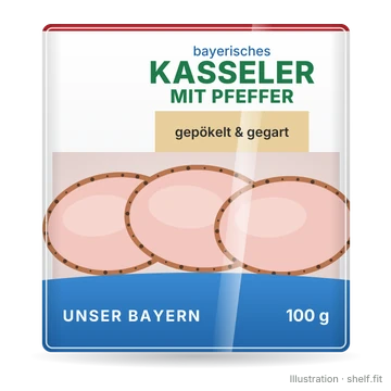 Illustration: Packung Unser Bayern Bayerisches Kasseler mit Pfeffer, 100 g