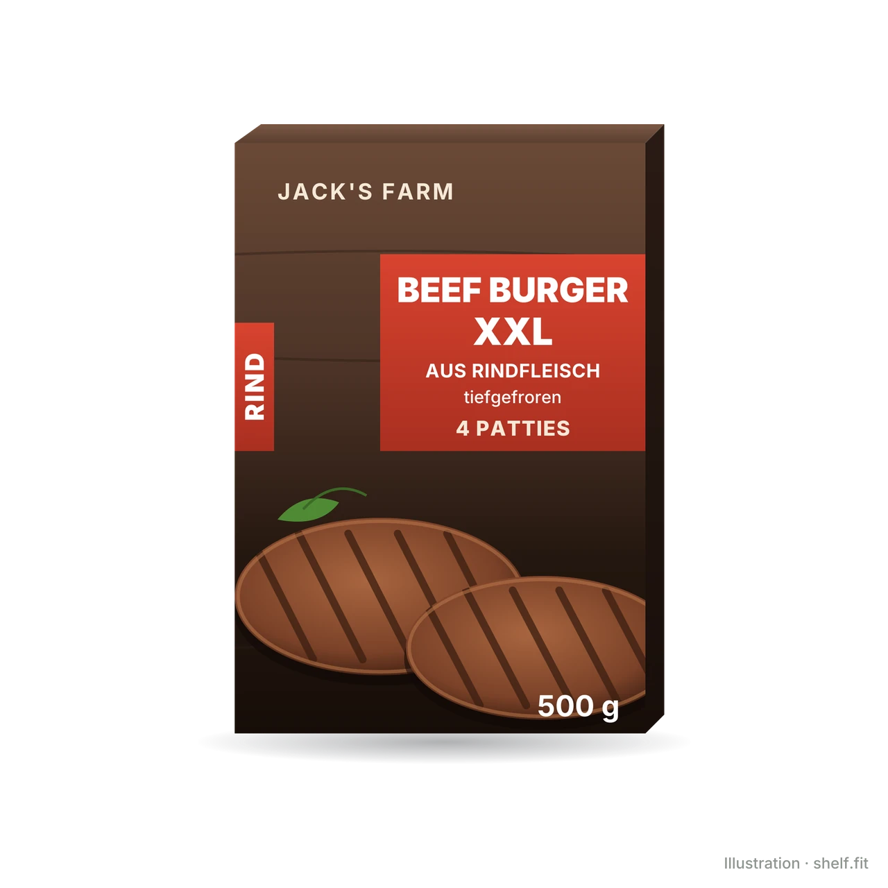 Illustration: Tiefkühlschachtel Jack's Farm Beef Burger XXL, 4 Patties, 500 g