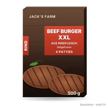 Illustration: Tiefkühlschachtel Jack's Farm Beef Burger XXL, 4 Patties, 500 g
