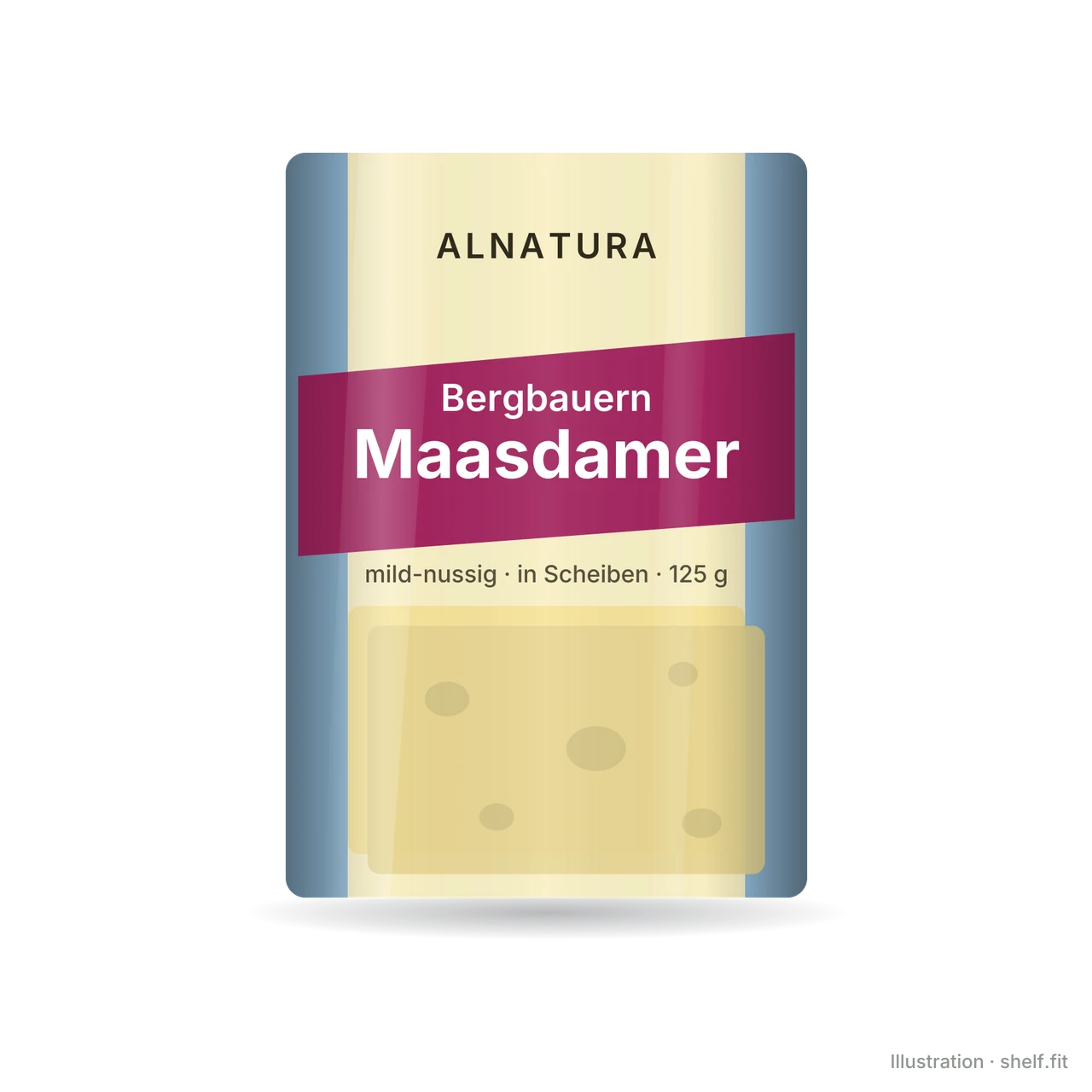Illustration: Packung Alnatura Bergbauern-Maasdamer in Scheiben, 125 g
