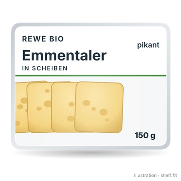 Illustration: Packung REWE Bio Emmentaler in Scheiben, 150 g