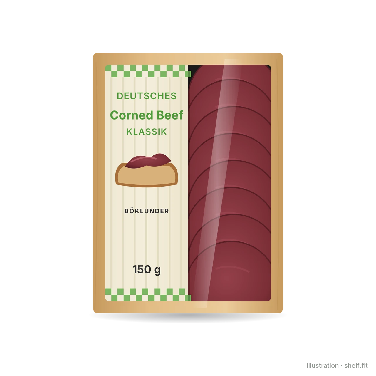 Illustration: Packung Böklunder Corned Beef, 150-g-Packung