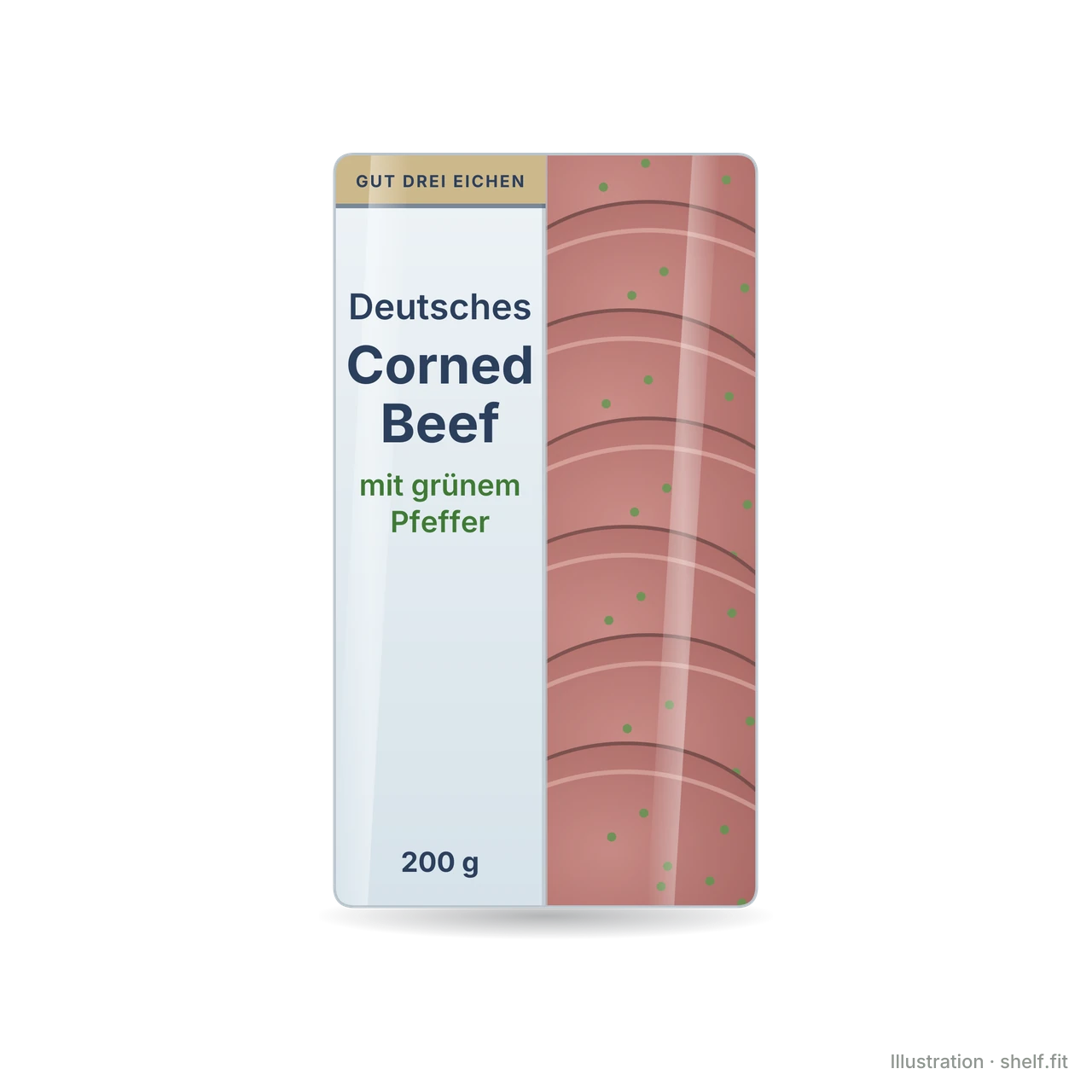 Illustration: Packung Gut Drei Eichen Deutsches Corned Beef mit grünem Pfeffer, 200 g
