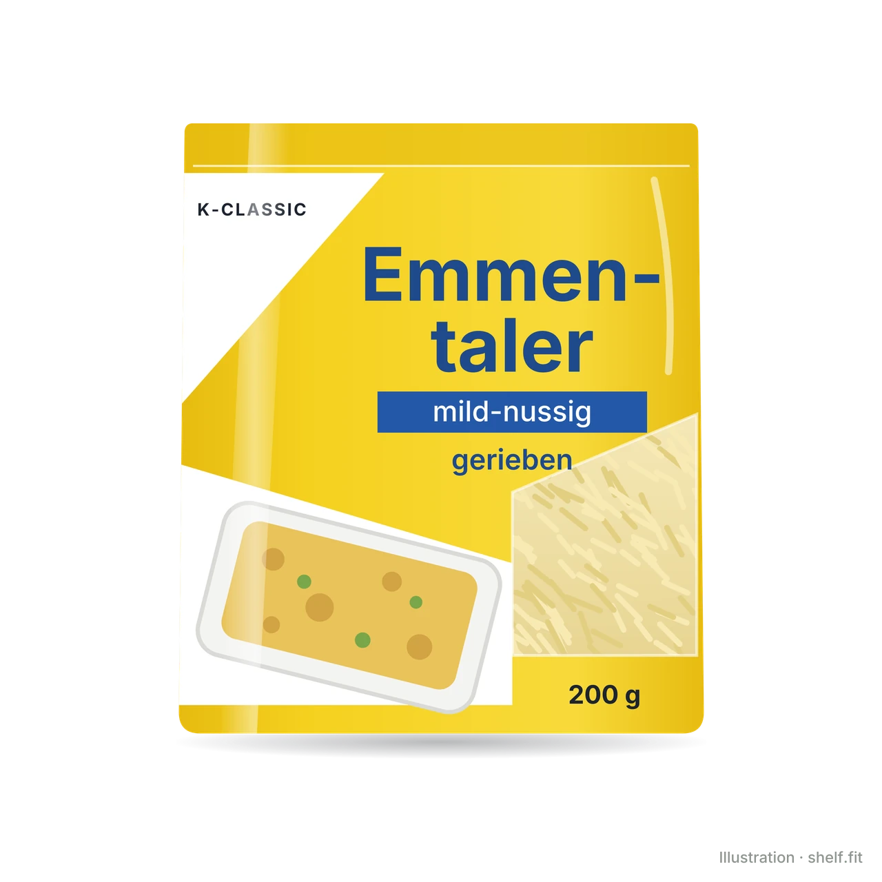 Illustration: Beutel K-Classic Emmentaler mild-nussig gerieben, 200-g-Beutel