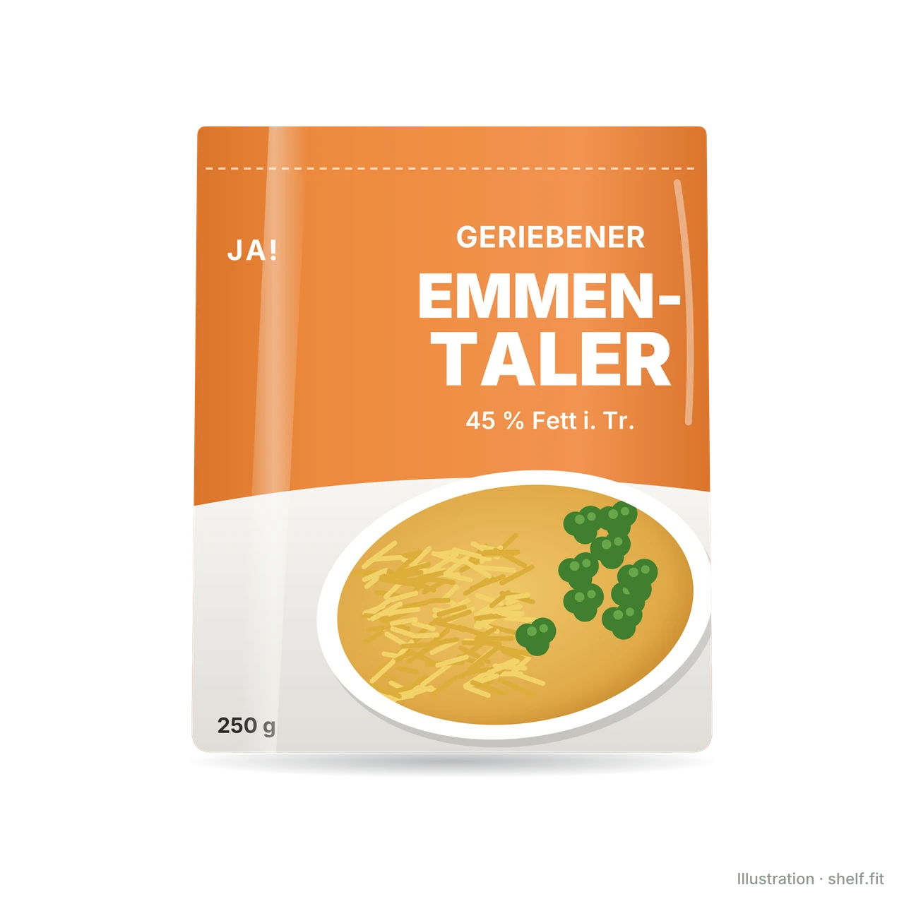 Illustration: Beutel ja! Geriebener Emmentaler, 250-g-Beutel