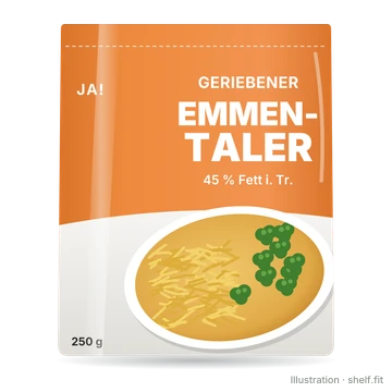 Illustration: Beutel ja! Geriebener Emmentaler, 250-g-Beutel