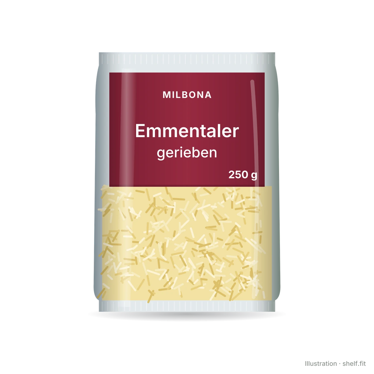 Illustration: Beutel Milbona Emmentaler gerieben, 250-g-Beutel