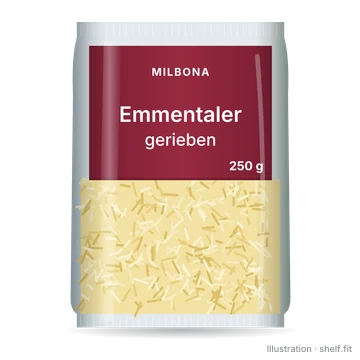 Illustration: Beutel Milbona Emmentaler gerieben, 250-g-Beutel