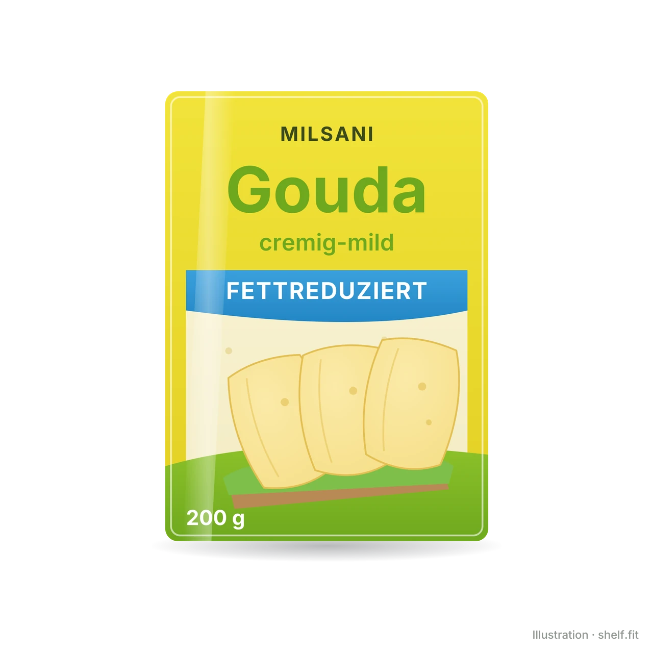 Illustration: Packung Milsani Gouda cremig-mild fettreduziert, 200-g-Packung