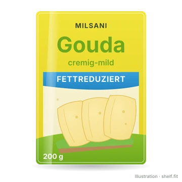 Illustration: Packung Milsani Gouda cremig-mild fettreduziert, 200-g-Packung