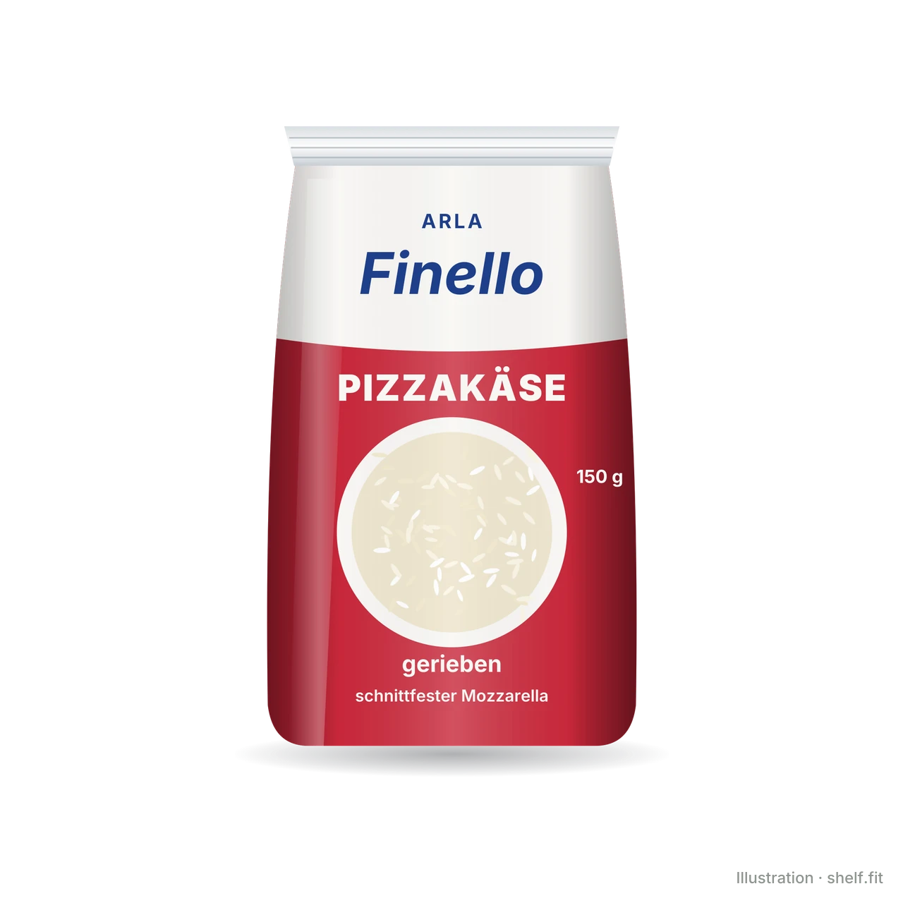 Illustration: Beutel Arla Finello Pizzakäse gerieben, 150 g