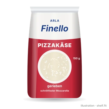 Illustration: Beutel Arla Finello Pizzakäse gerieben, 150 g