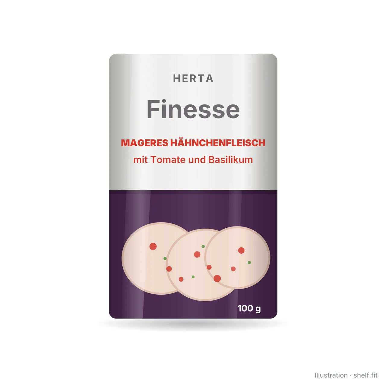 Illustration: Packung Herta Finesse Mageres Hähnchenfleisch mit Tomate und Basilikum, 100 g