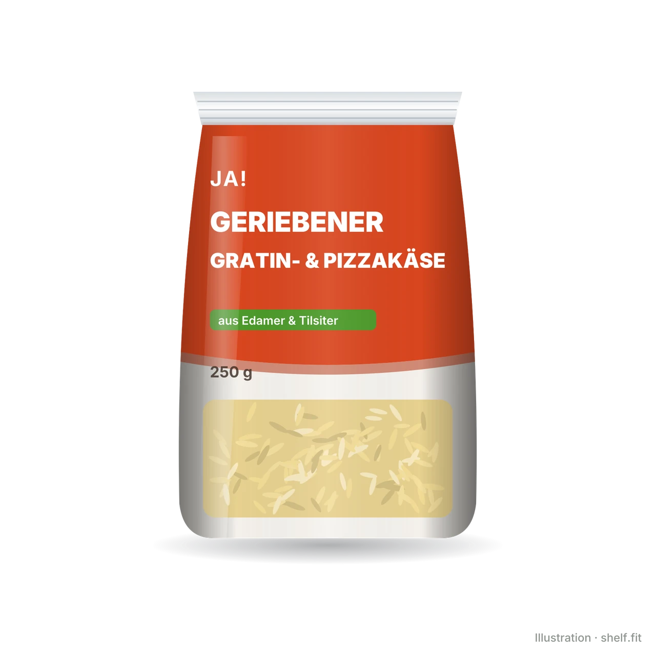Illustration: Beutel ja! Geriebener Gratin- und Pizzakäse, 250 g