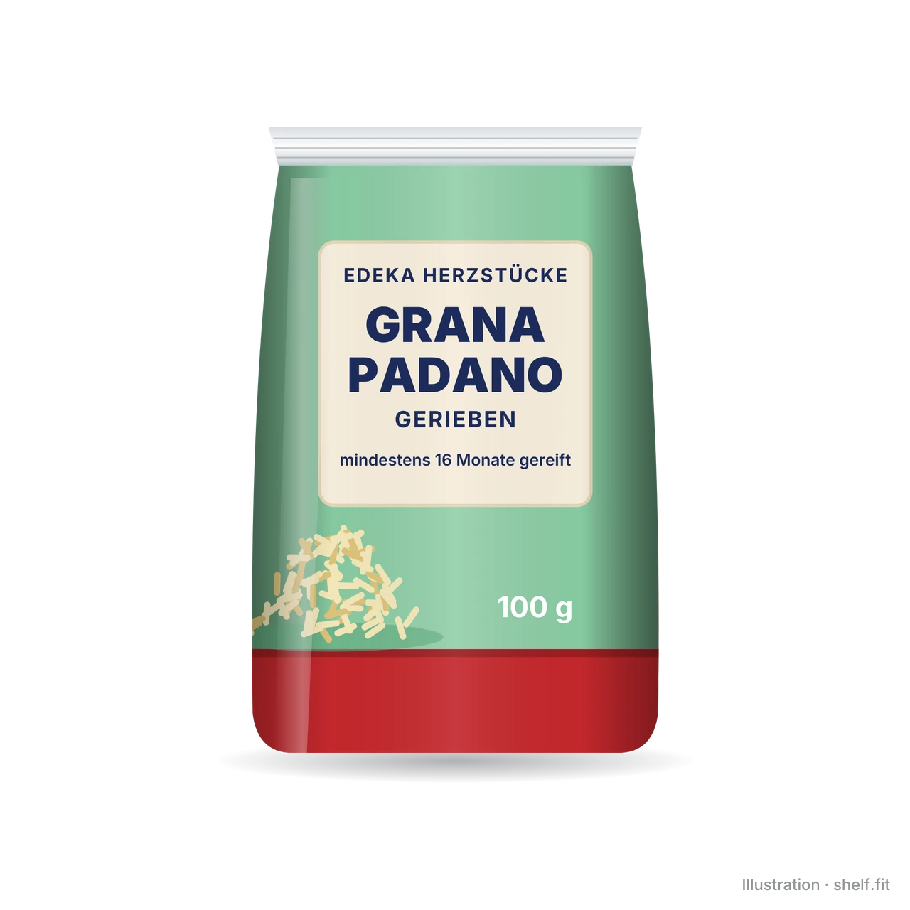 Illustration: EDEKA Herzstücke grated Grana Padano bag, 100 g