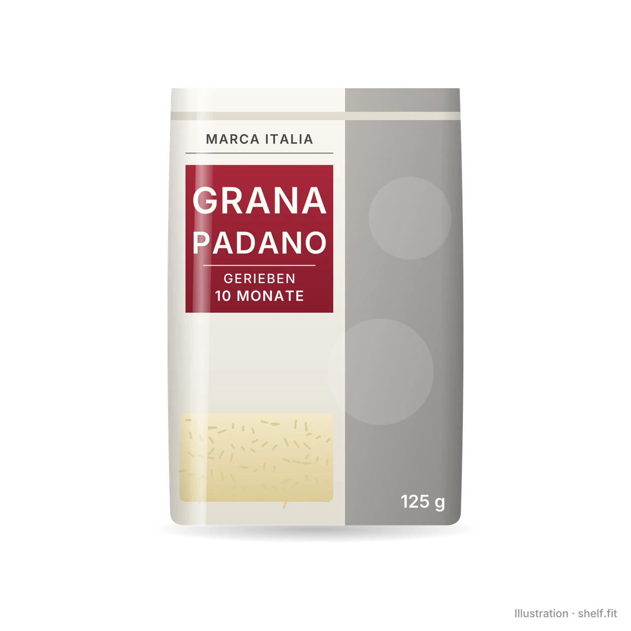 Illustration: Beutel Marca Italia Grana Padano gerieben, 125 g