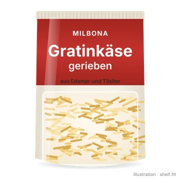 Illustration: Beutel Milbona Gratinkäse gerieben