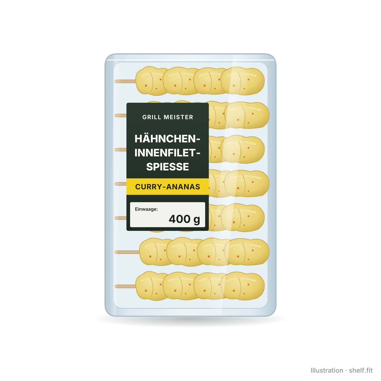 Illustration: Packung Grill Meister Hähncheninnenfiletspieße Curry-Ananas, 400-g-Schale
