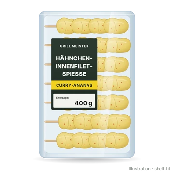 Illustration: Packung Grill Meister Hähncheninnenfiletspieße Curry-Ananas, 400-g-Schale
