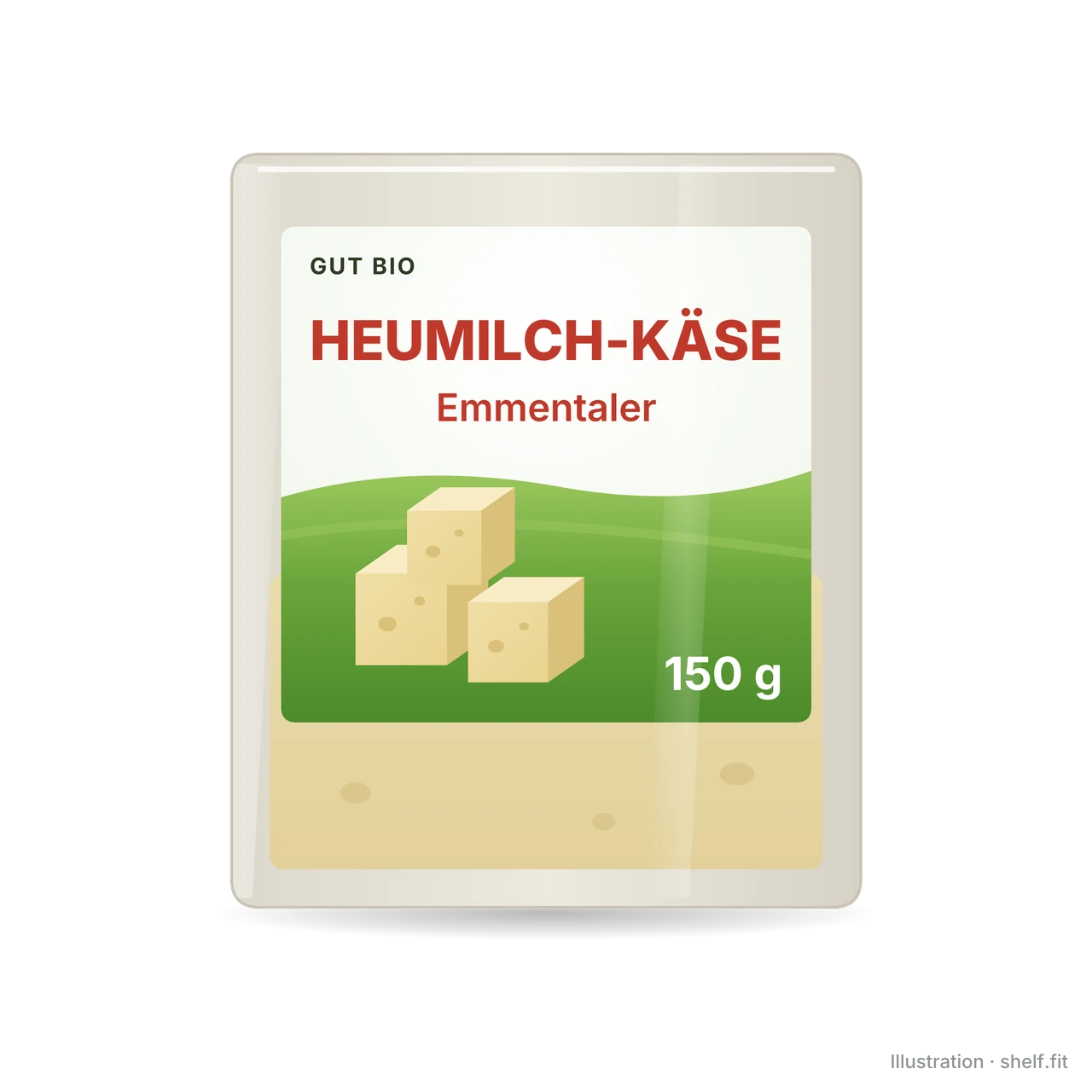 Illustration: Packung Gut Bio Heumilch Käse Emmentaler, 150-g-Packung
