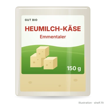 Illustration: Packung Gut Bio Heumilch Käse Emmentaler, 150-g-Packung
