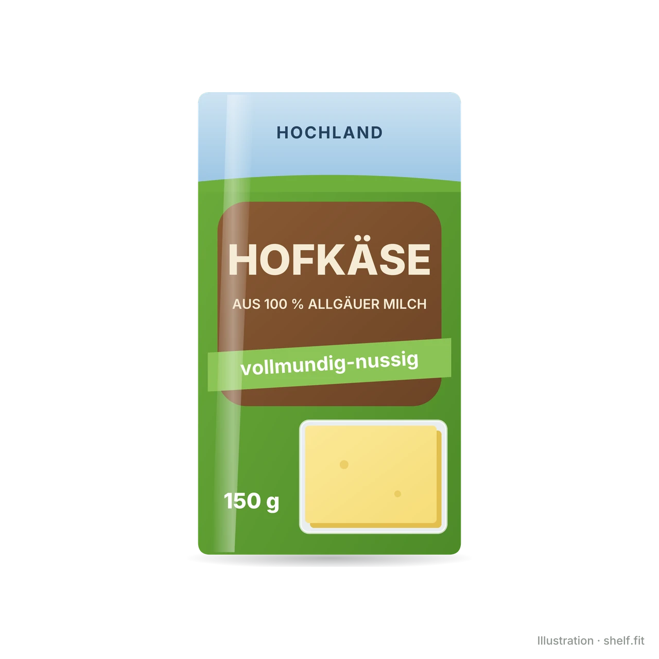 Illustration: Packung Hochland Hofkäse vollmundig-nussig in Scheiben, 150 g