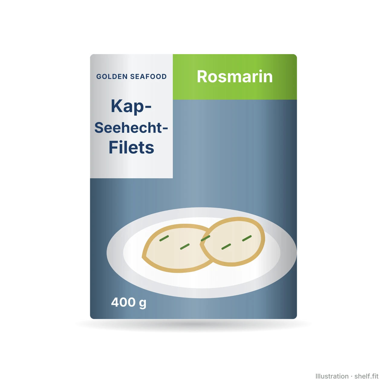 Illustration: Faltschachtel Golden Seafood Kap-Seehechtfilets Rosmarin, 400 g