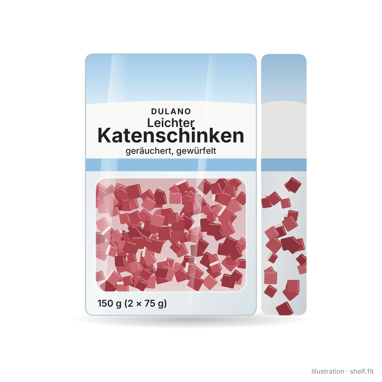 Illustration: Packung Dulano Leichter Katenschinken, geräuchert, gewürfelt, 150-g-Packung (2 × 75 g)