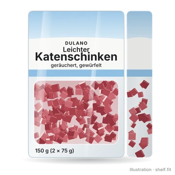 Illustration: Packung Dulano Leichter Katenschinken, geräuchert, gewürfelt, 150-g-Packung (2 × 75 g)