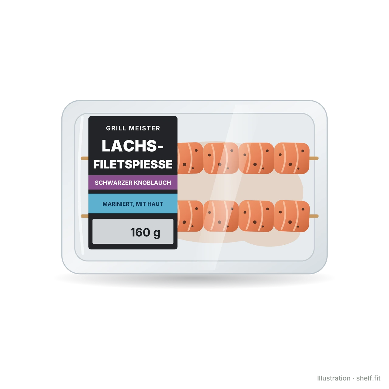 Illustration: Grill Meister Lachsfiletspieße mit schwarzem Knoblauch, 160-g-Packung