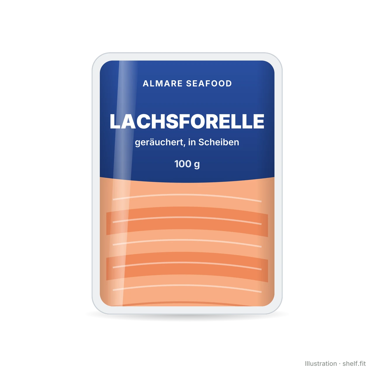 Illustration: Packung Almare Seafood Lachsforelle geräuchert, 100 g