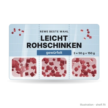 Illustration: Packung REWE Beste Wahl Leicht Rohschinken gewürfelt, 150-g-Packung (3 × 50 g)