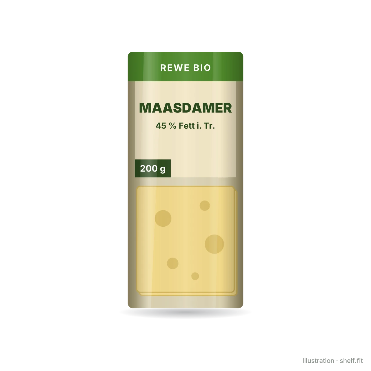 Illustration: Packung REWE Bio Maasdamer 45 % Fett i. Tr., 200 g
