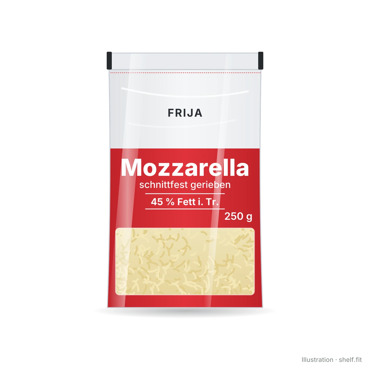 Illustration: Beutel frija Mozzarella gerieben, 250-g-Beutel