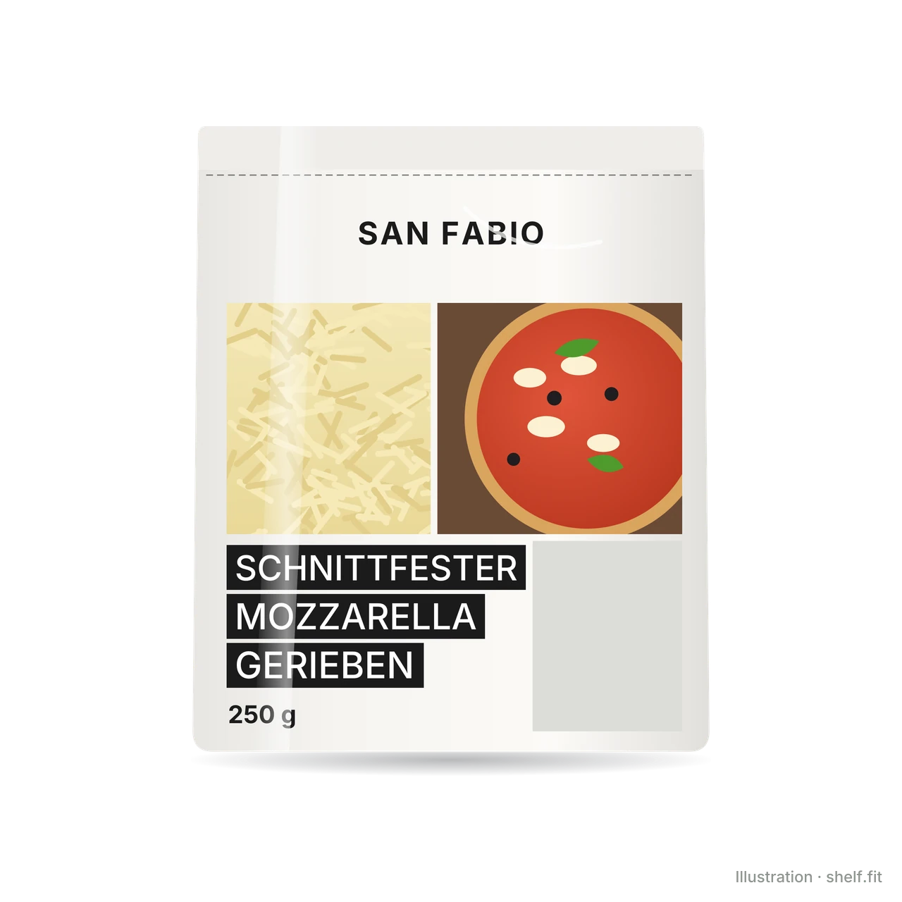 Illustration: Beutel San Fabio Schnittfester Mozzarella gerieben, 250-g-Beutel