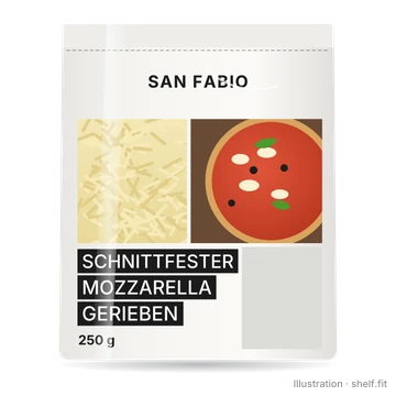 Illustration: Beutel San Fabio Schnittfester Mozzarella gerieben, 250-g-Beutel