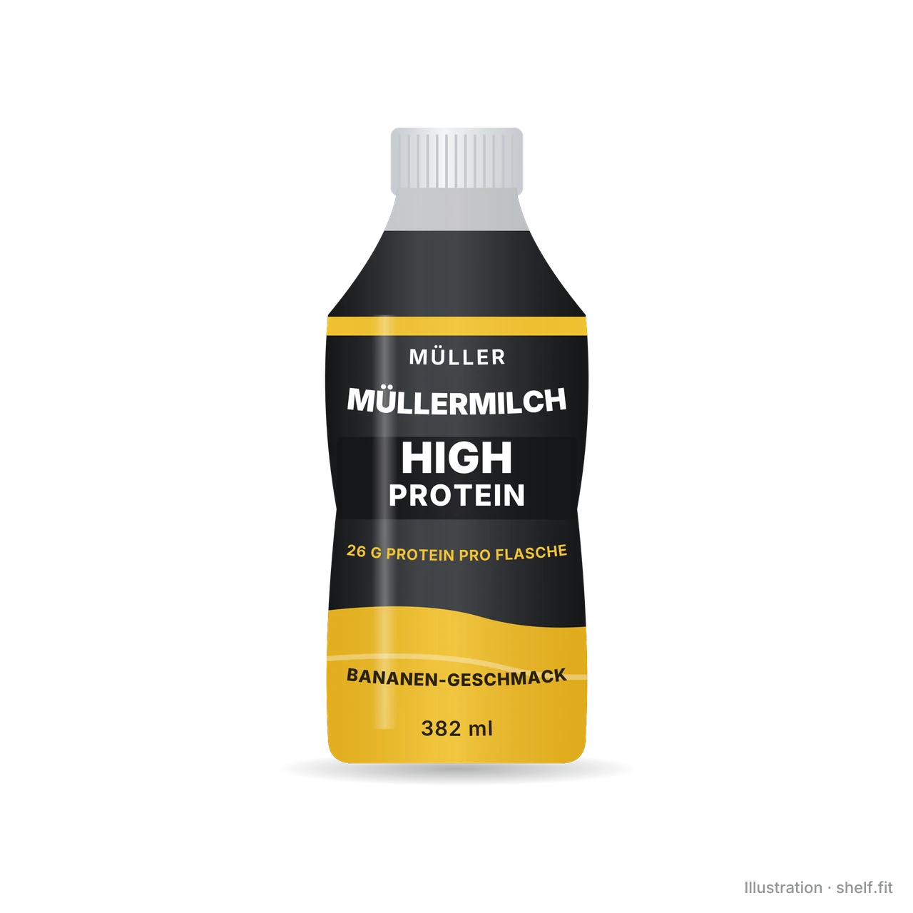 Illustration: Flasche Müllermilch High Protein Bananen-Geschmack, 382 ml