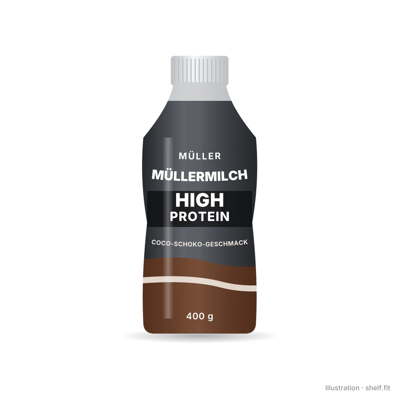 Illustration: Flasche Müllermilch High Protein Coco-Schoko-Geschmack, 381 ml