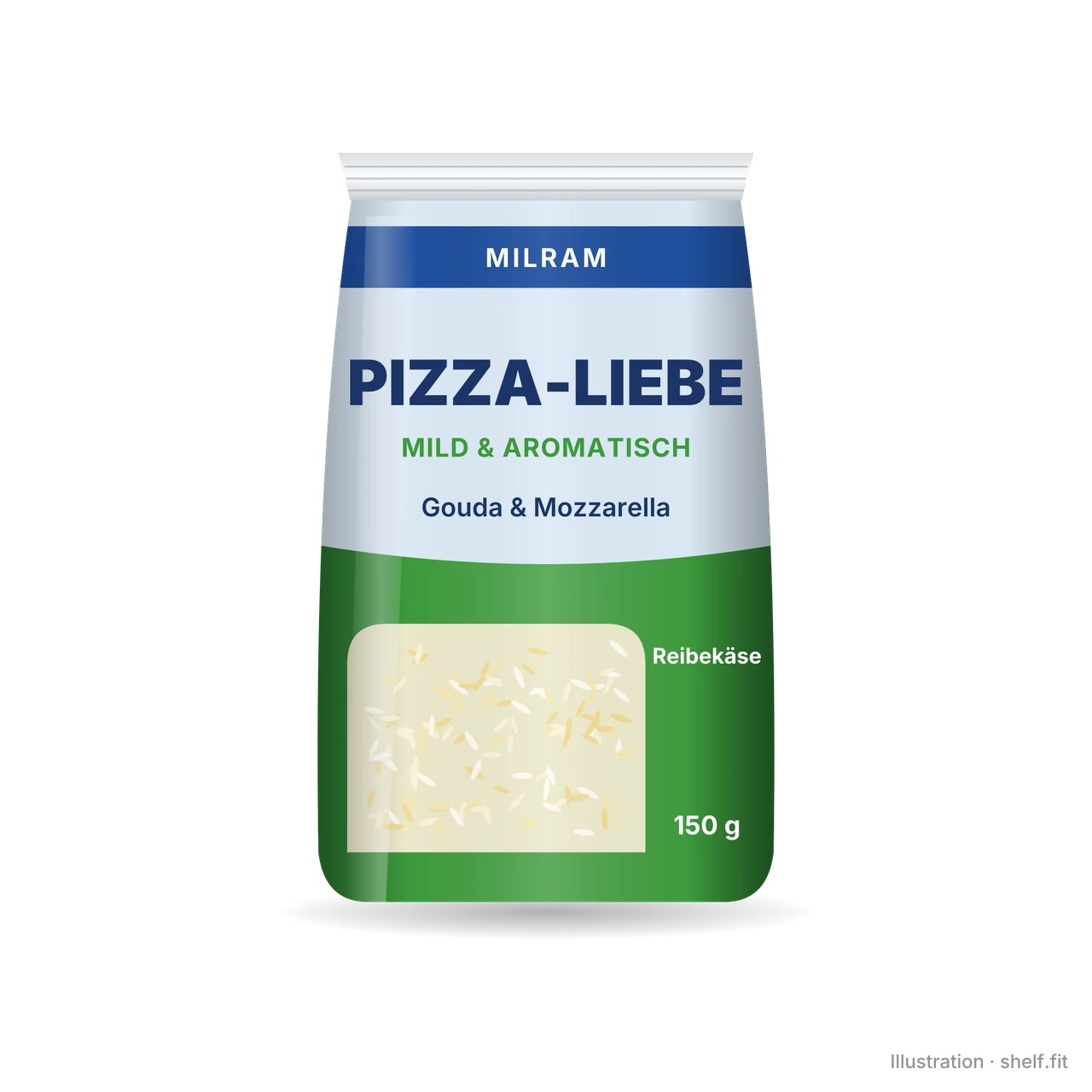 Illustration: Beutel MILRAM Pizza-Liebe Reibekäse Gouda & Mozzarella, 150 g