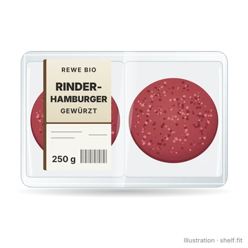 Illustration: Packung REWE Bio Rinder-Hamburger gewürzt, 250-g-Packung