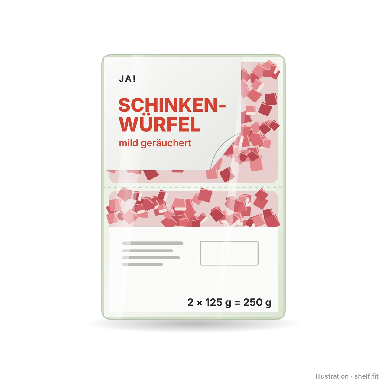 Illustration: Packung ja! Schinkenwürfel mild geräuchert, 2 × 125 g