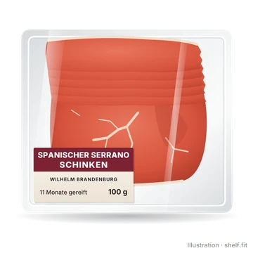 Illustration: Packung Wilhelm Brandenburg Spanischer Serrano Schinken, 100-g-Packung