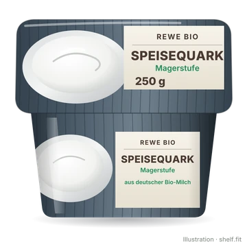 Illustration: Becher REWE Bio Speisequark Magerstufe, 250 g, als Liquid-Glass-Transformation